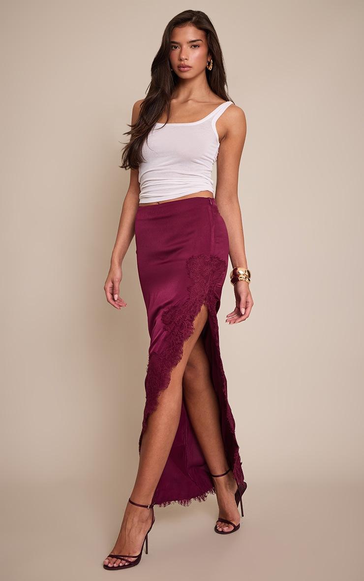 Pretty Little Thing Plum Satin Lace Side Split Maxi Skirt