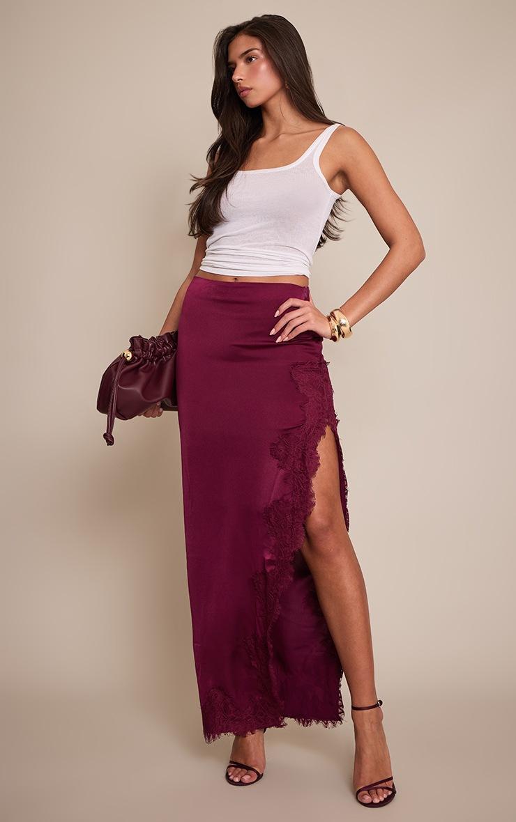 Pretty Little Thing Plum Satin Lace Side Split Maxi Skirt