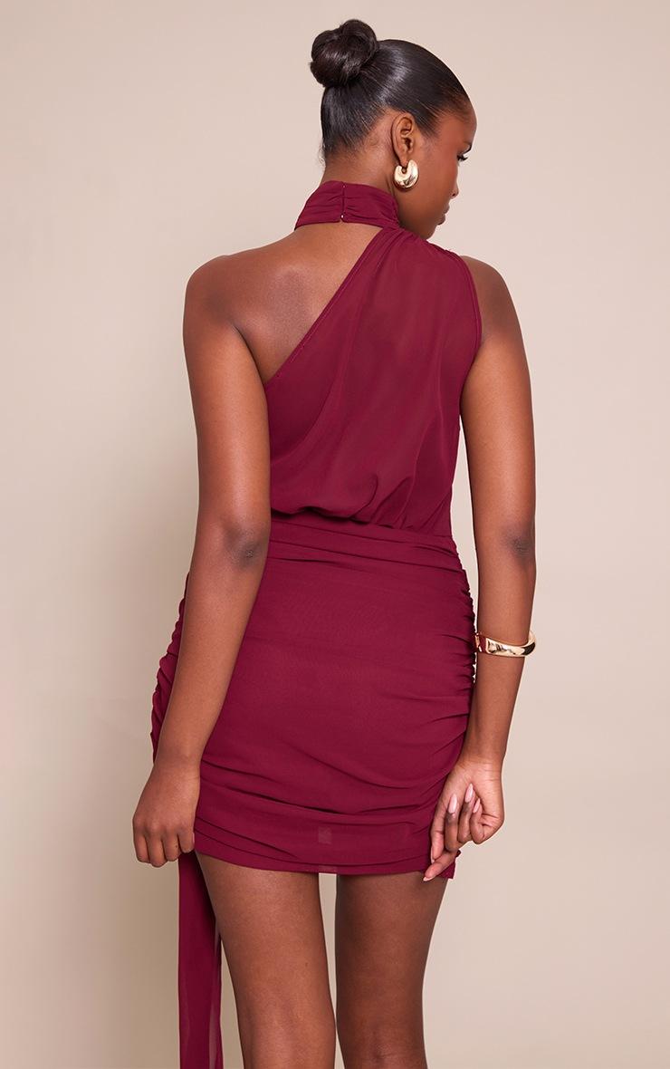 Pretty Little Thing Plum Sheer Chiffon Ruched Detail Asymmetric Drape Bodycon Dress