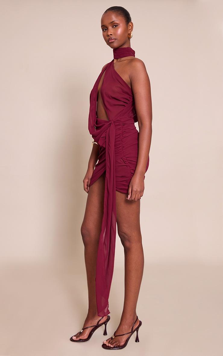 Pretty Little Thing Plum Sheer Chiffon Ruched Detail Asymmetric Drape Bodycon Dress