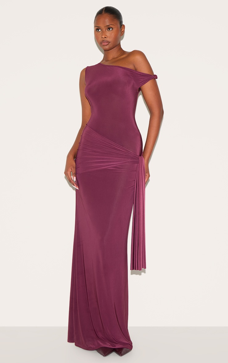 Pretty Little Thing Plum Slinky Off Shoulder Wrap Detail Maxi Dress