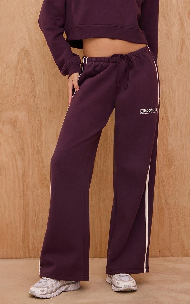 Pretty Little Thing Plum Sports Club Print Wide Leg Sweatpants