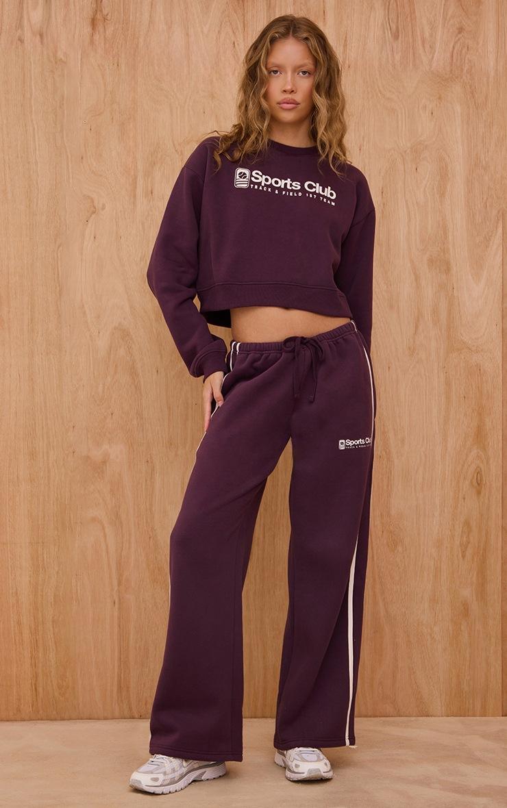 Pretty Little Thing Plum Sports Club Print Wide Leg Sweatpants