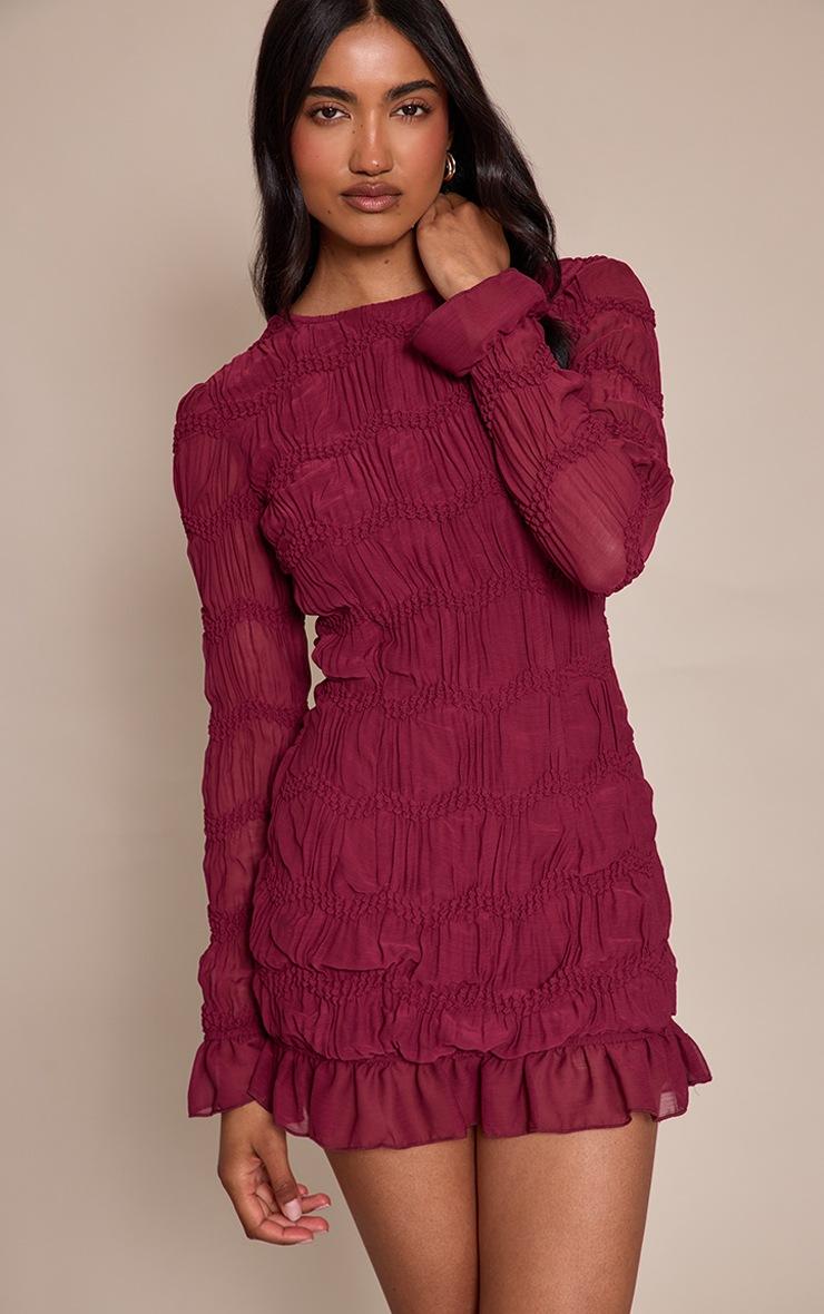 Pretty Little Thing Plum Textured Long Sleeve Crew Neck Mini Dress