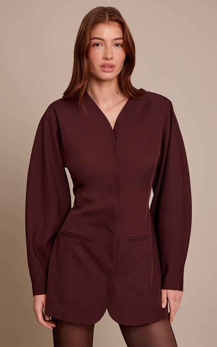 Pretty Little Thing Plum Woven Balloon Sleeve Collarless Blazer Dress