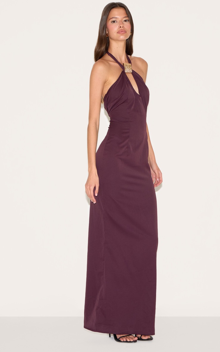 Pretty Little Thing Plum Woven Halter Neck Trim Detail Maxi Dress