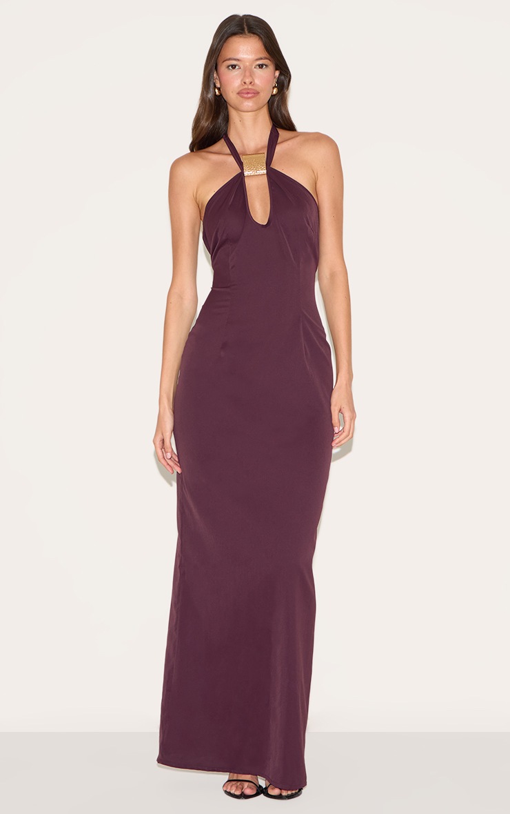 Pretty Little Thing Plum Woven Halter Neck Trim Detail Maxi Dress