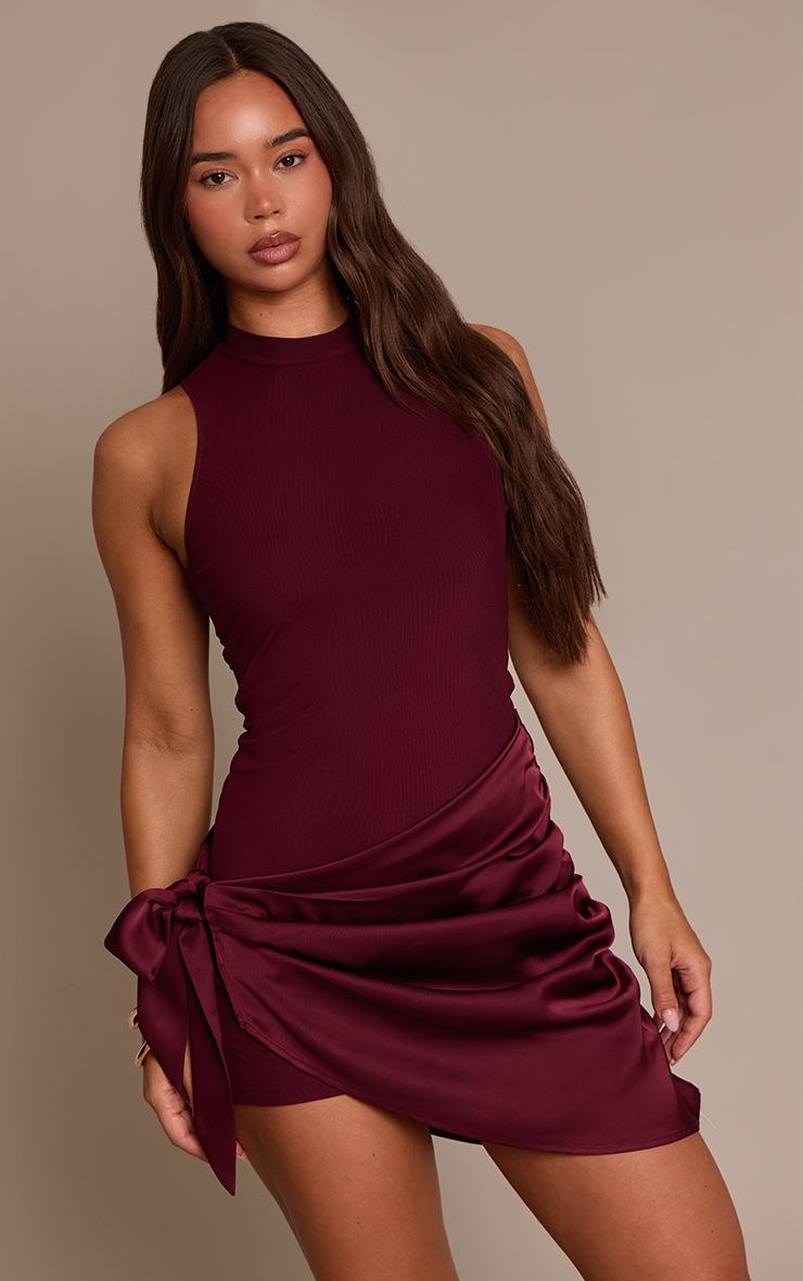 Pretty Little Thing Plum Woven High Neck Satin Drape Mini Dress