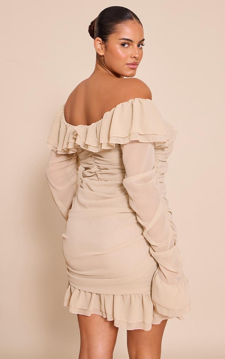 Pretty Little Thing Plus Almond Oil Bardot Ruffle Detail Shift Dress