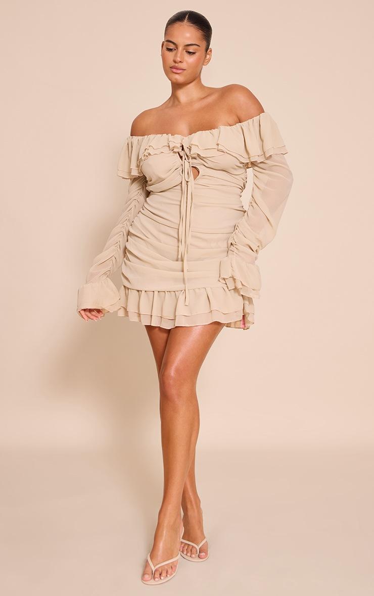 Pretty Little Thing Plus Almond Oil Bardot Ruffle Detail Shift Dress