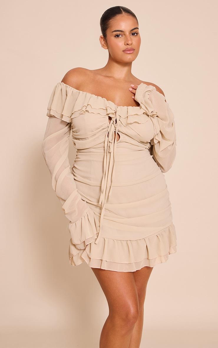 Pretty Little Thing Plus Almond Oil Bardot Ruffle Detail Shift Dress