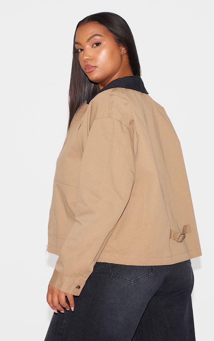 Pretty Little Thing Plus Beige Contrast Collar Pocket Detail Trucker Jacket