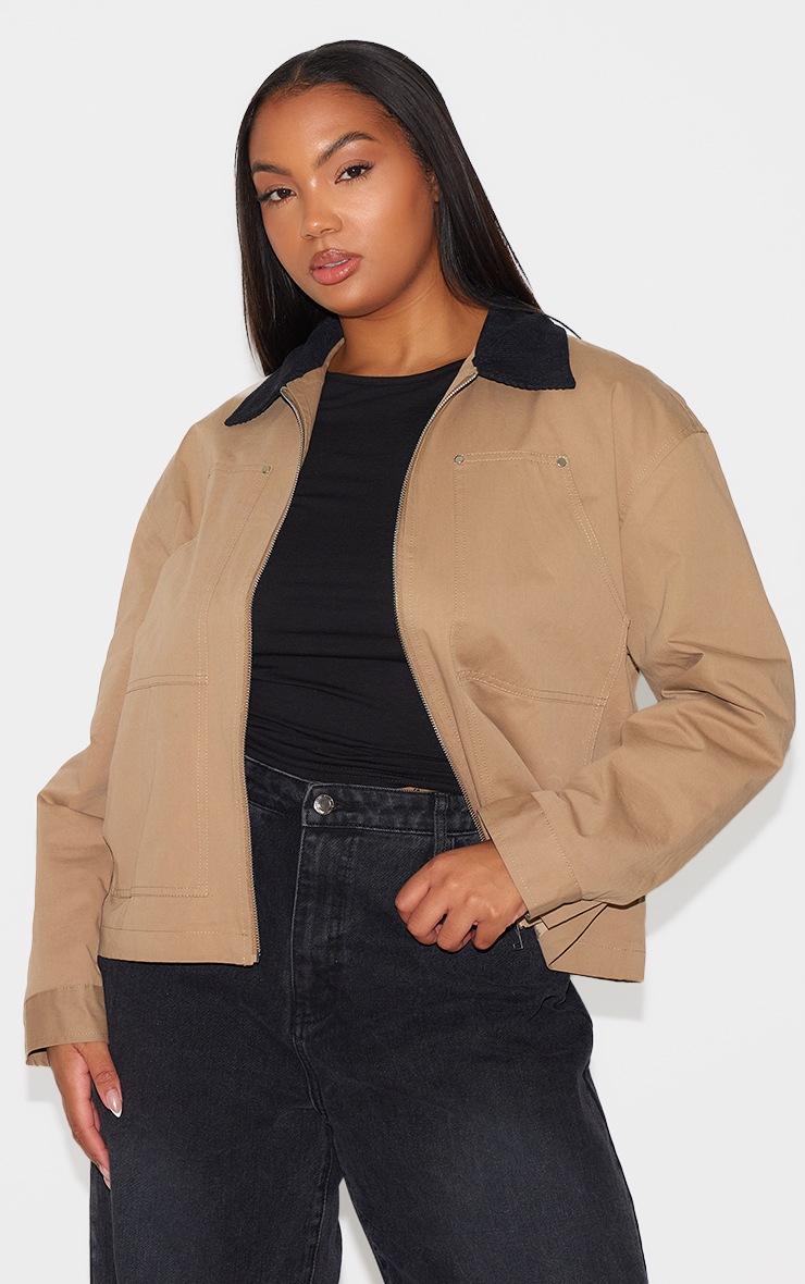 Pretty Little Thing Plus Beige Contrast Collar Pocket Detail Trucker Jacket