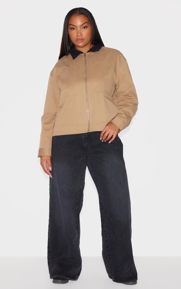 Pretty Little Thing Plus Beige Contrast Collar Pocket Detail Trucker Jacket
