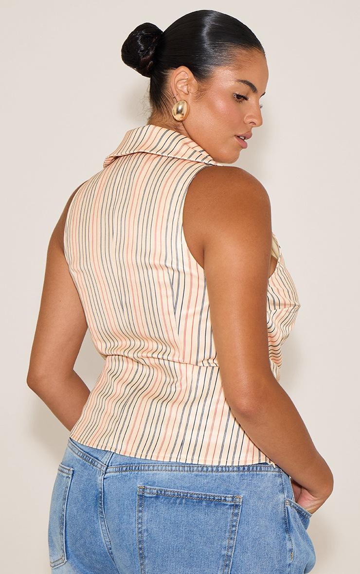 Pretty Little Thing Plus Beige Stripe Ruched Plunge Sleeveless Top