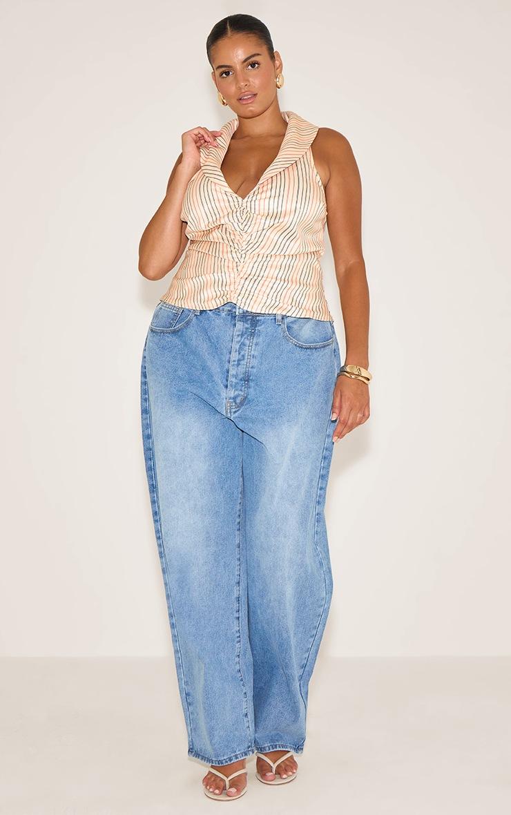 Pretty Little Thing Plus Beige Stripe Ruched Plunge Sleeveless Top