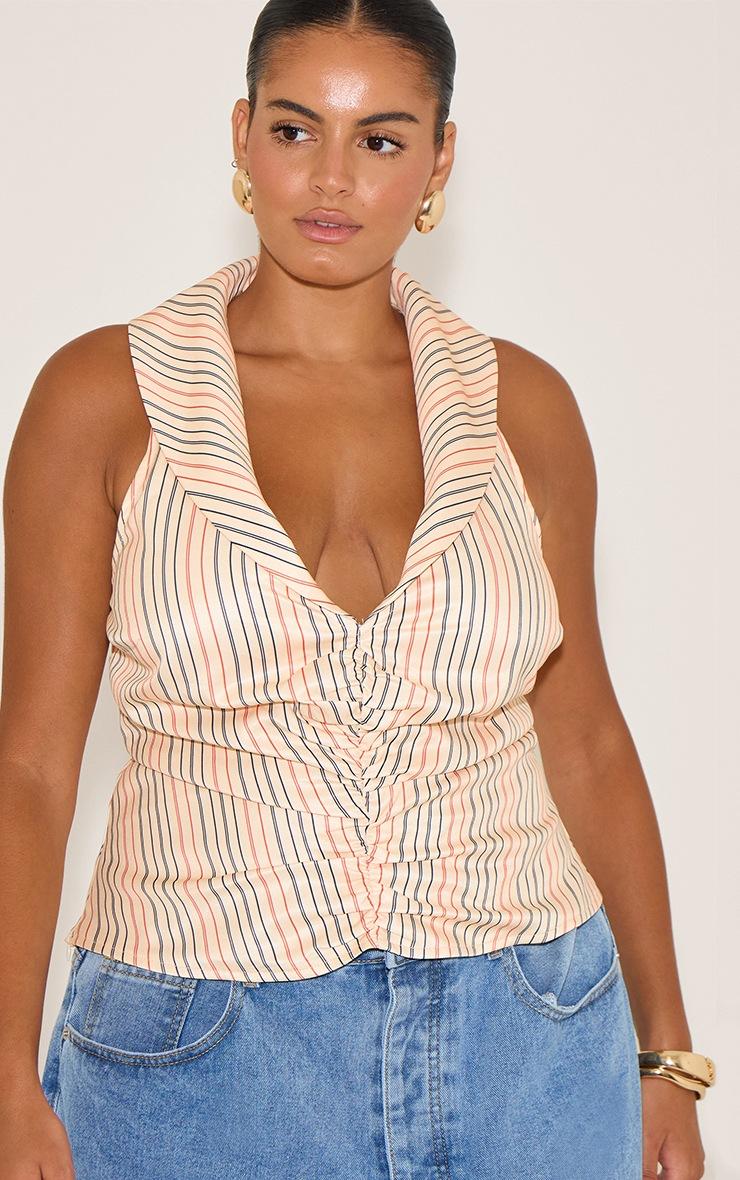 Pretty Little Thing Plus Beige Stripe Ruched Plunge Sleeveless Top