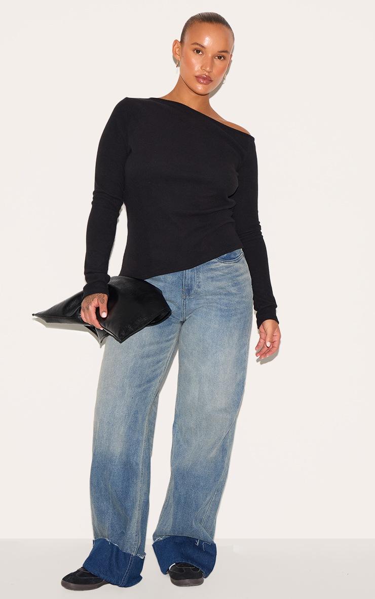 Pretty Little Thing Plus Black Bardot Soft Touch Rib Long Sleeve Top