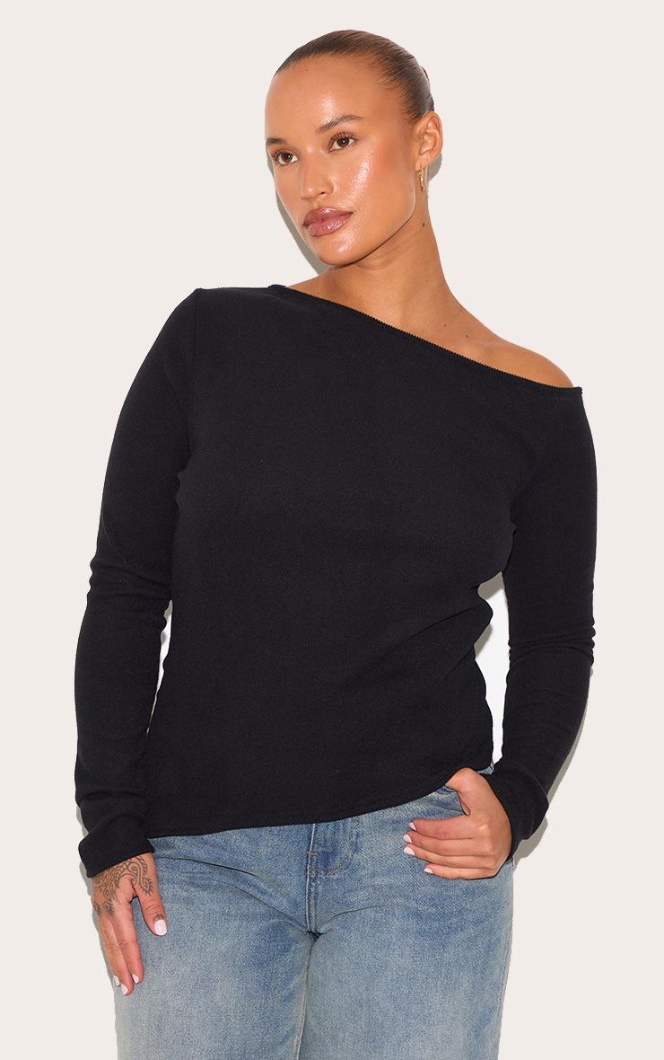 Pretty Little Thing Plus Black Bardot Soft Touch Rib Long Sleeve Top