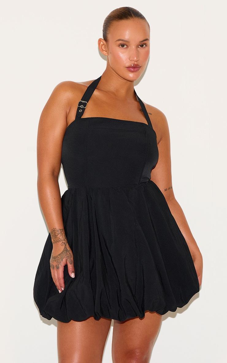 Pretty Little Thing Plus Black Buckle Detail Halterneck Puffball Mini Dress