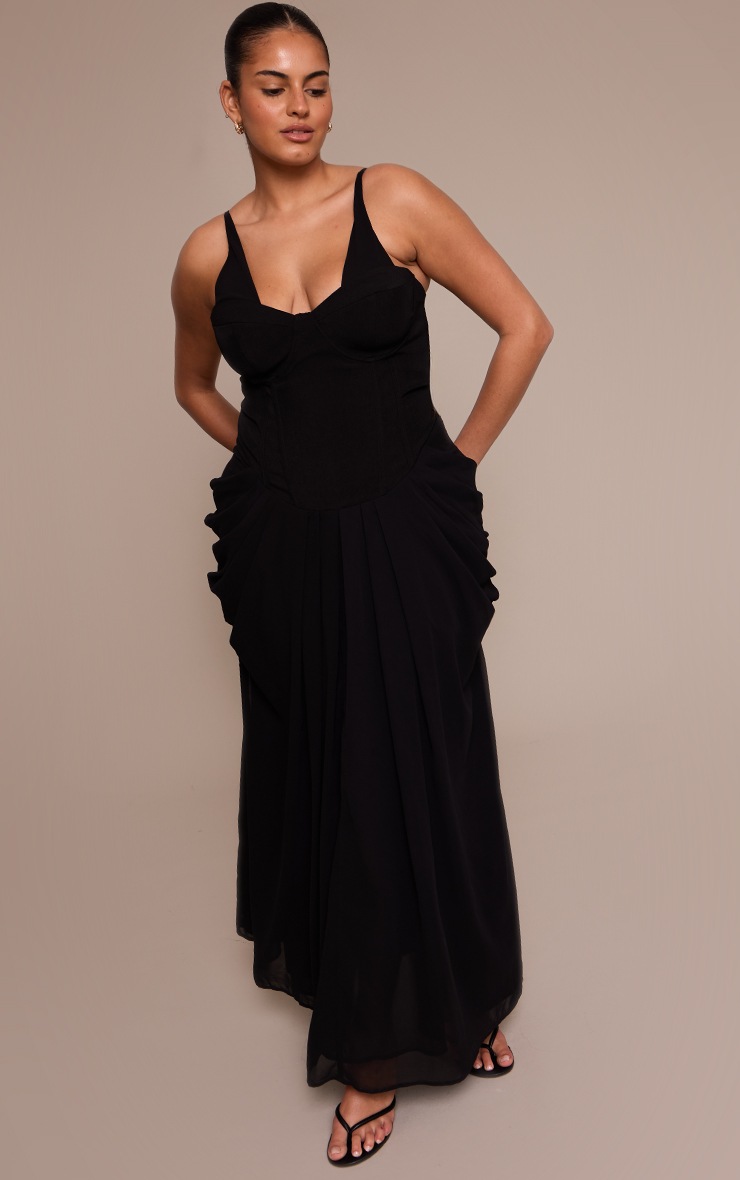 Pretty Little Thing Plus Black Chiffon Drape Detail Corset Midi Dress