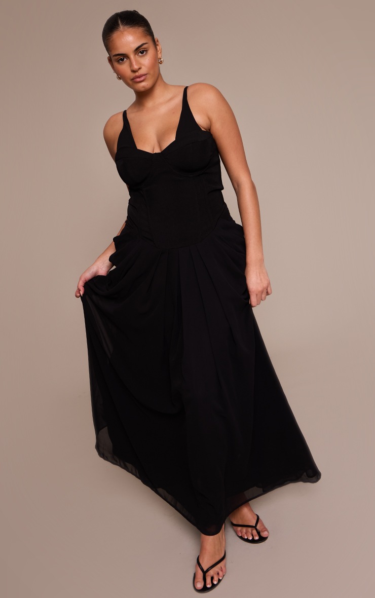 Pretty Little Thing Plus Black Chiffon Drape Detail Corset Midi Dress