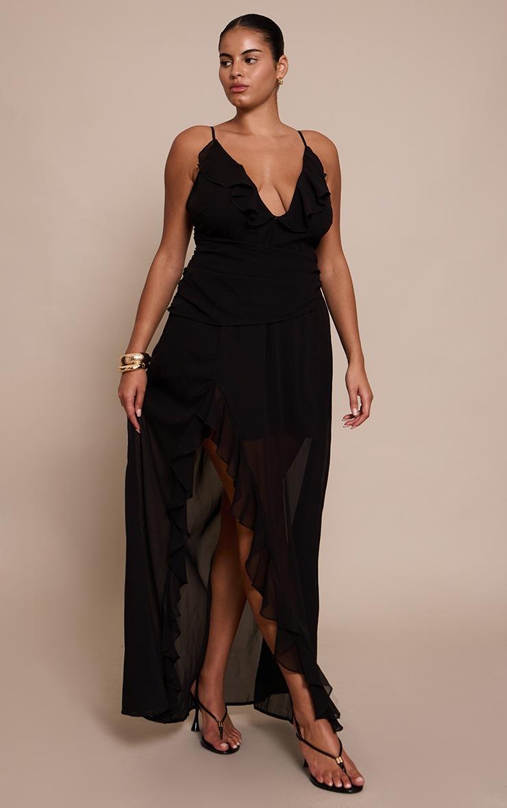 Pretty Little Thing Plus Black Chiffon Frill Plunge Strappy Maxi Dress