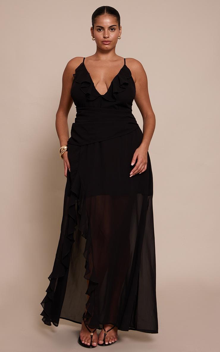 Pretty Little Thing Plus Black Chiffon Frill Plunge Strappy Maxi Dress