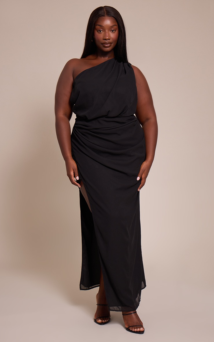 Pretty Little Thing Plus Black Chiffon One Shoulder Maxi Dress