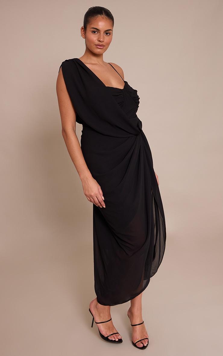 Pretty Little Thing Plus Black Chiffon Overlay Detail Drape Midi Dress