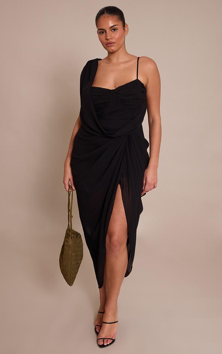 Pretty Little Thing Plus Black Chiffon Overlay Detail Drape Midi Dress