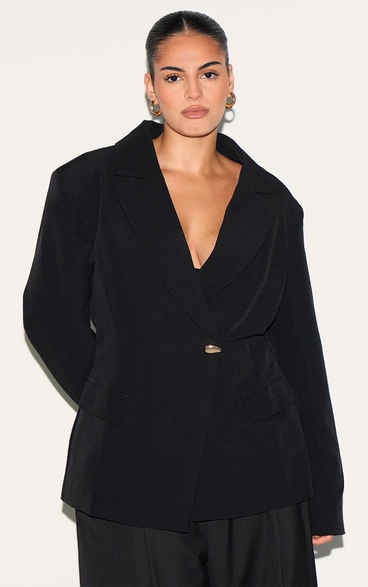 Pretty Little Thing Plus Black Cinched Waist Lapel Point Detail Blazer