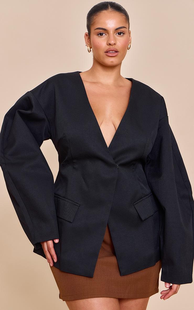 Pretty Little Thing Plus Black Cocoon Sleeve Cinched Waist Pocket Blazer
