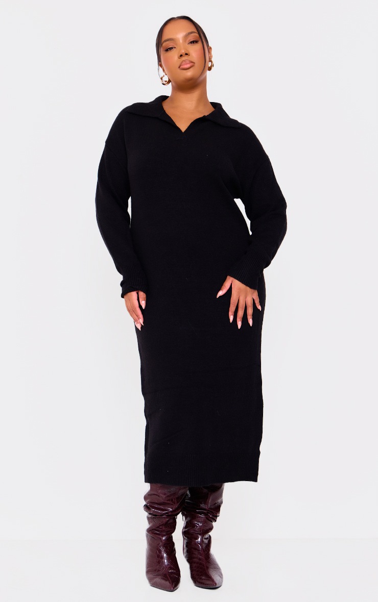 Pretty Little Thing Plus Black Collar Detail Cosy Knitted Midaxi Dress