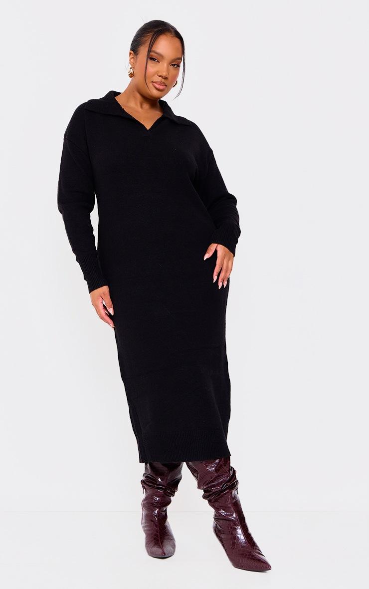 Pretty Little Thing Plus Black Collar Detail Cosy Knitted Midaxi Dress