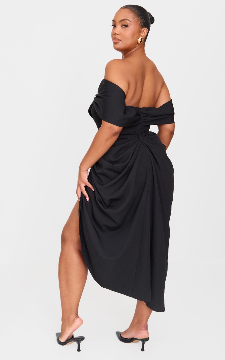 Pretty Little Thing Plus Black Corset Bardot Draped Midi Dress