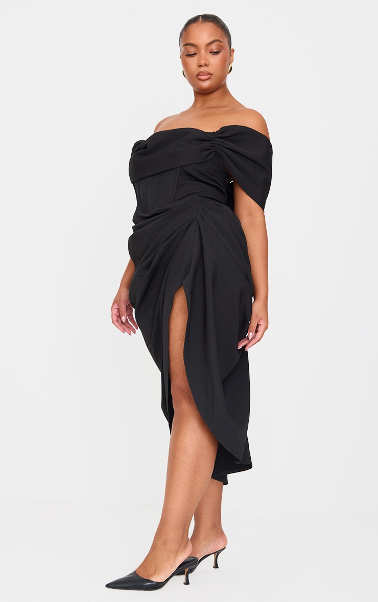 Pretty Little Thing Plus Black Corset Bardot Draped Midi Dress