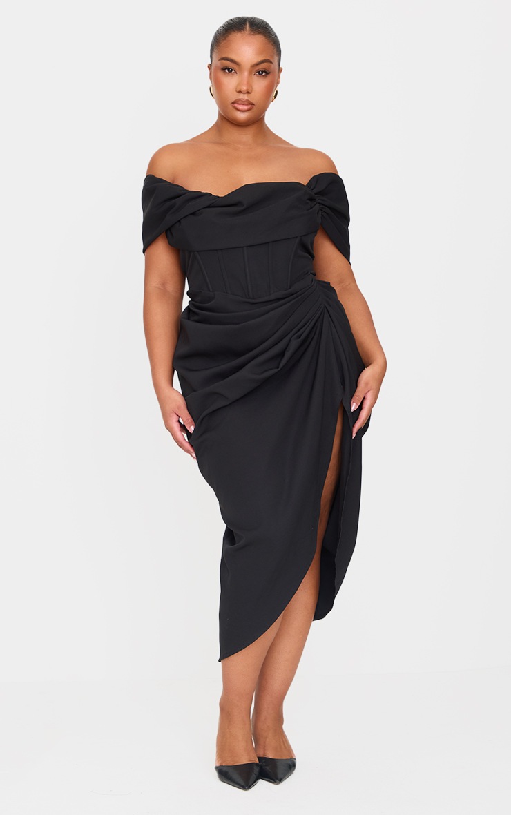 Pretty Little Thing Plus Black Corset Bardot Draped Midi Dress