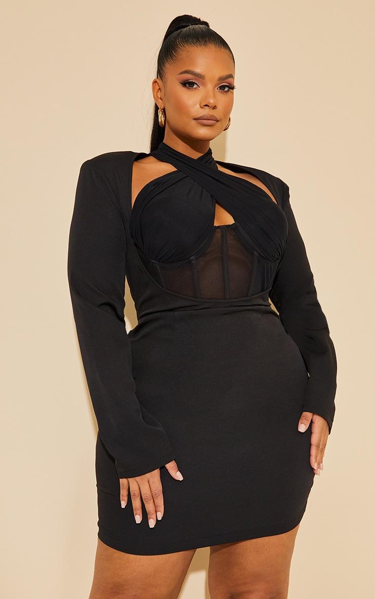 Pretty Little Thing Plus Black Corset Cross Front Bodycon Dress