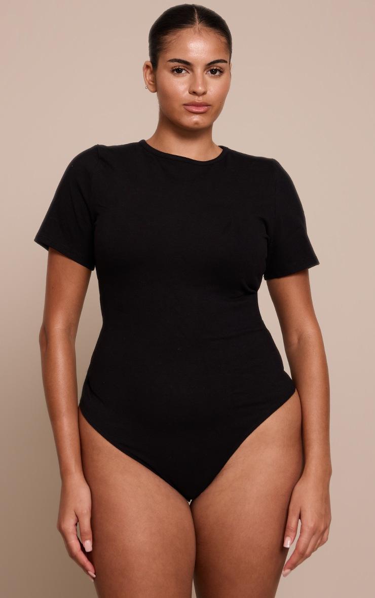 Pretty Little Thing Plus Black Cotton Crew Neck Short Sleeve Bodysuit