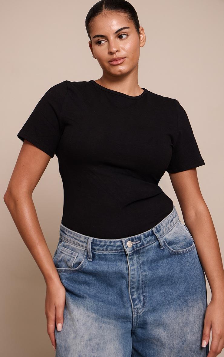 Pretty Little Thing Plus Black Cotton Crew Neck Short Sleeve Bodysuit