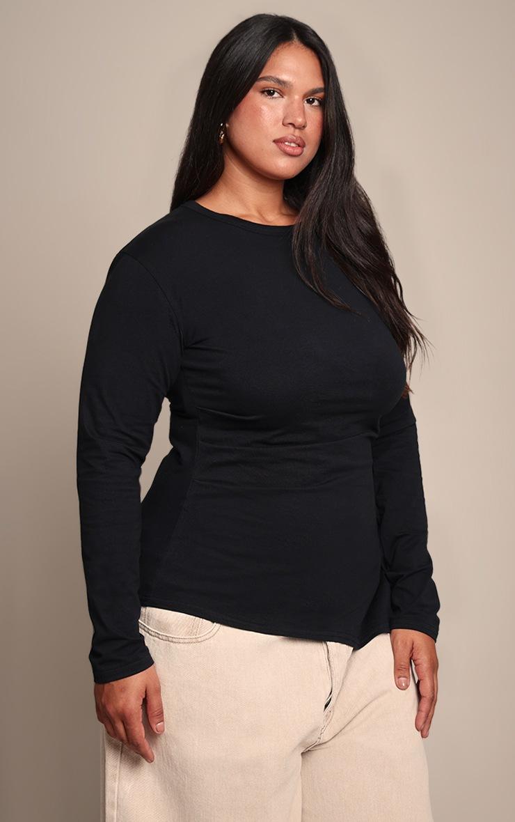 Pretty Little Thing Plus Black Cotton Ruched Side Long Sleeve T-shirt