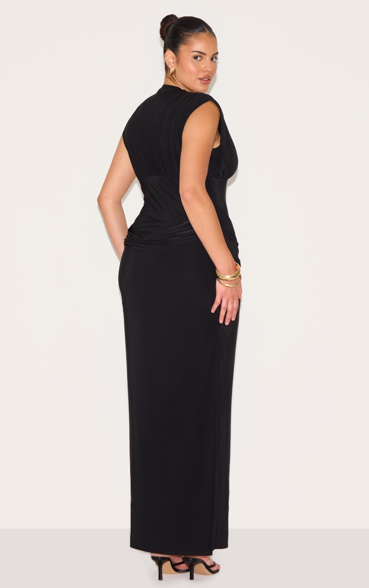 Pretty Little Thing Plus Black Double Layer Plunge Ruched Shoulder Drape Waist Maxi Dress
