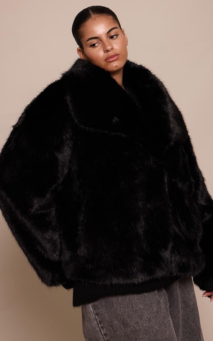 Pretty Little Thing Plus Black Faux Fur Short Shawl Collar Coat