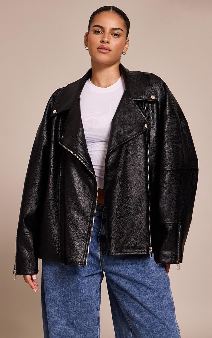 Pretty Little Thing Plus Black Faux Leather Oversized Biker Jacket
