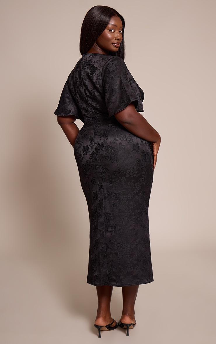 Pretty Little Thing Plus Black Floral Jacquard Puff Sleeve Plunge Neck Maxi Dress
