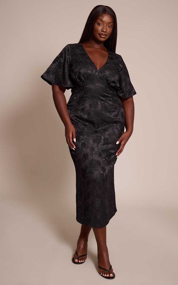 Pretty Little Thing Plus Black Floral Jacquard Puff Sleeve Plunge Neck Maxi Dress