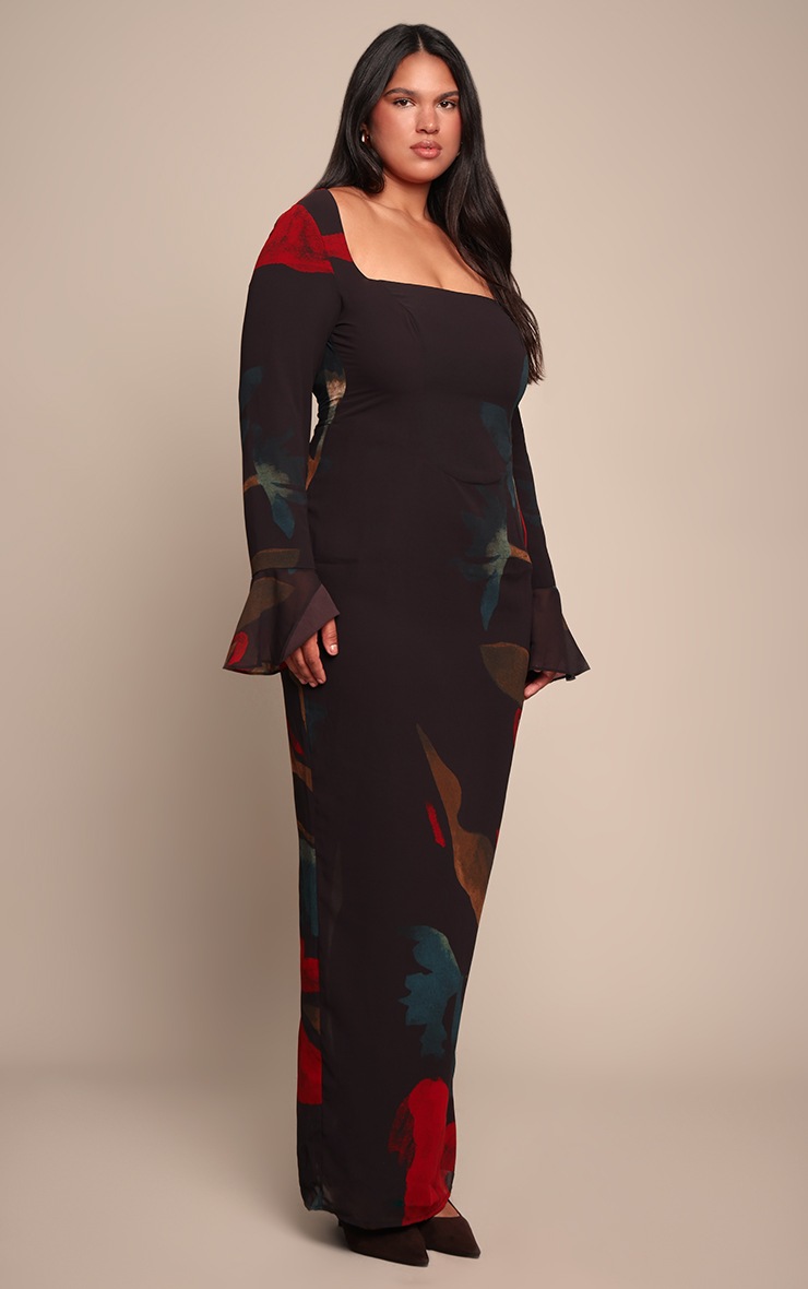 Pretty Little Thing Plus Black Floral Print Chiffon Flute Sleeve Maxi Dress
