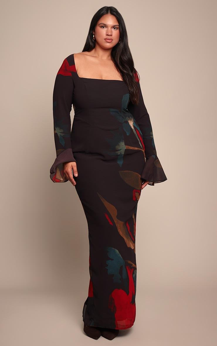 Pretty Little Thing Plus Black Floral Print Chiffon Flute Sleeve Maxi Dress