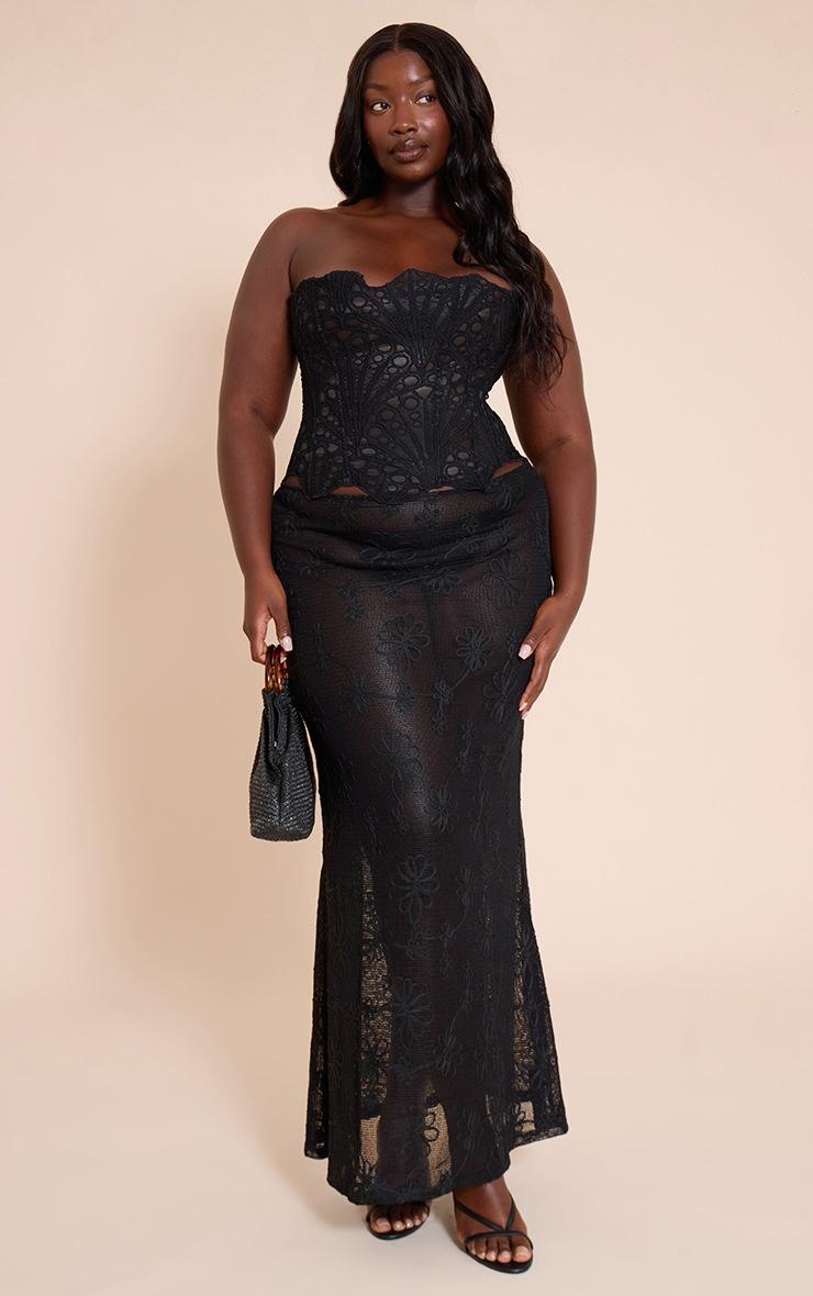 Pretty Little Thing Plus Black Flower Detail Sheer Maxi Skirt